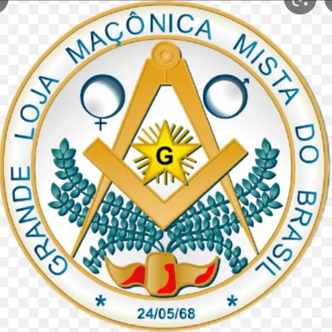 Selo da Grande Loja Maçônica Mista do Brasil, com esquadro e compasso, a estrela com a letra G, ramos de acácia e os símbolos feminino e masculino, datado de 24/05/68.